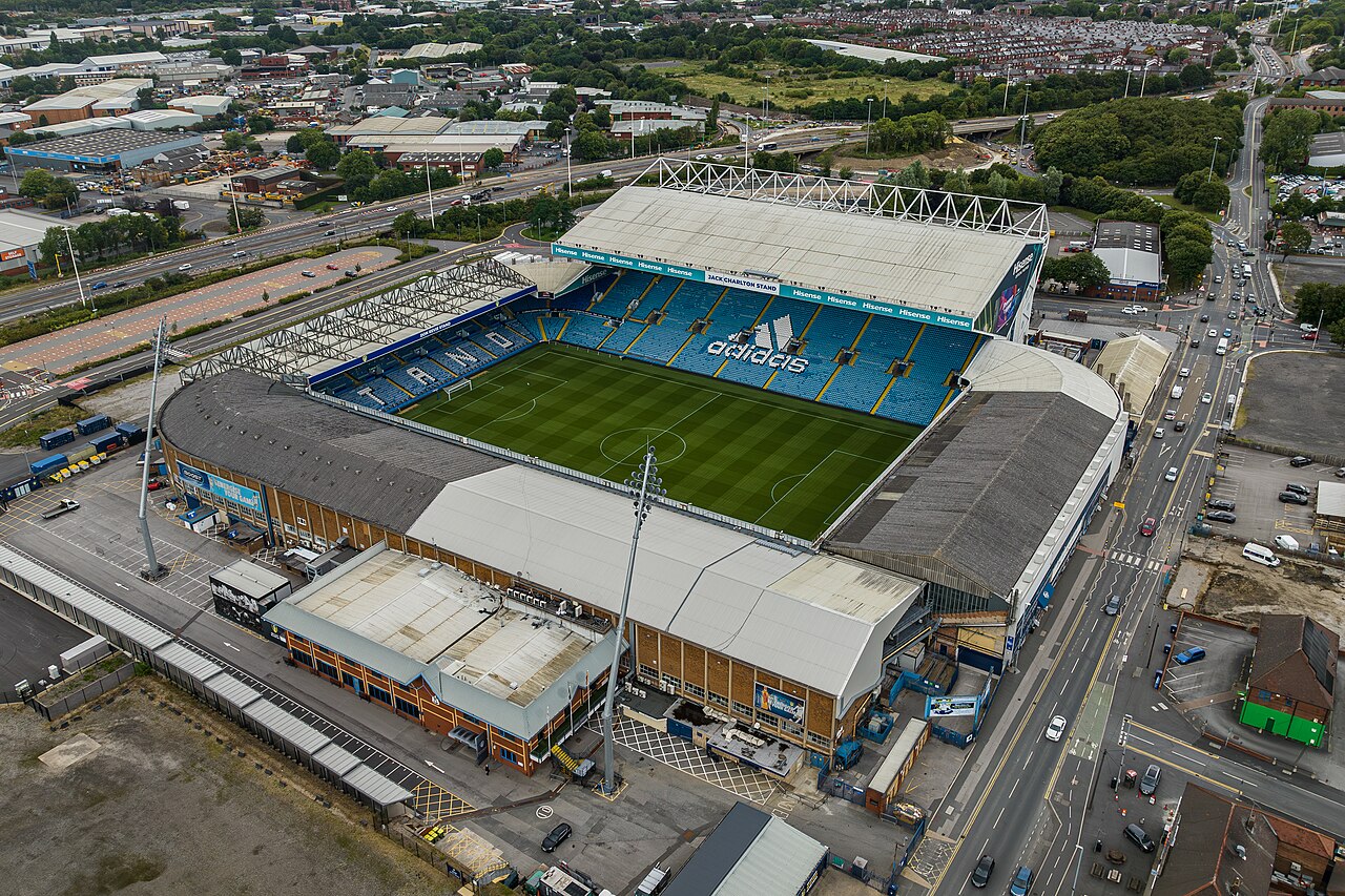 An aerial view of Elland Road, with the pitch and blue stands at the heart of Leeds United’s home